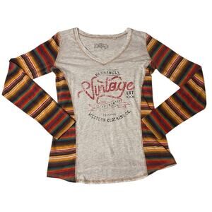 Panhandle Western Wear Long Sleeve Multicolor Striped "Vintage" Graphic Tee Med